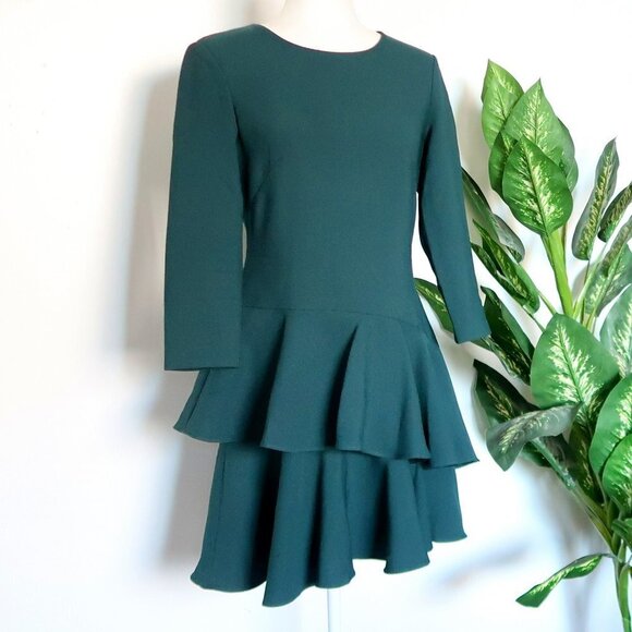 Eliza J. Green Knit Tiered Ruffle Long Sleeve Mini Dress Size 6 - Picture 6 of 13